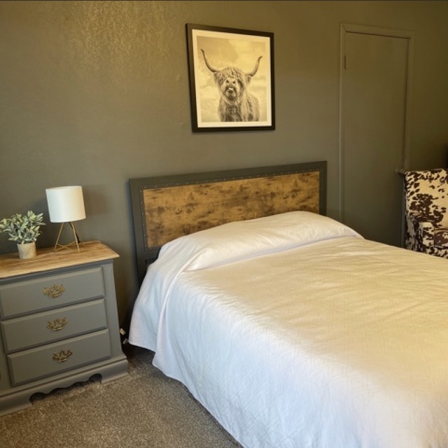 Single queen bed below Western-styled decorated walls